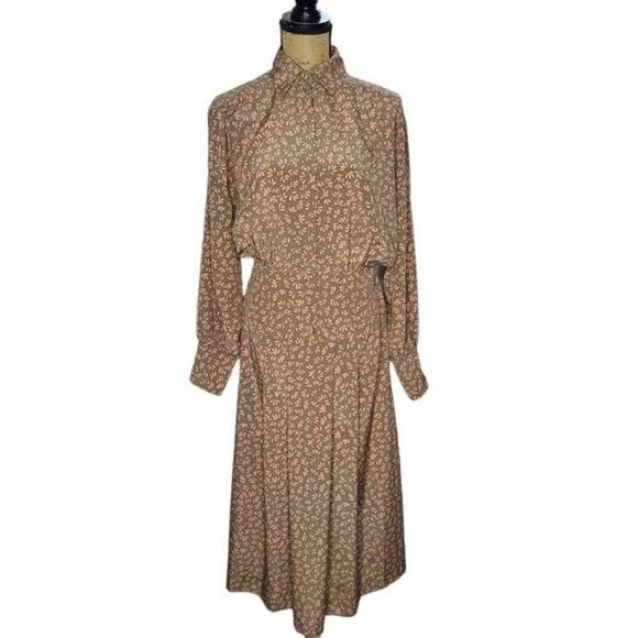 Vintage Dresses & Skirts - Vintage 80s Khaki Pink Novelty Leaf Print Casual Shirt Dress